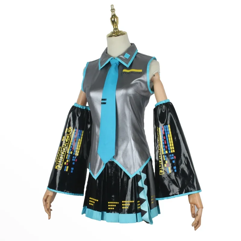 Miku cosplay full set Silver Grey patent leather fabric suit Miku cosplay shoes headwear costume outfit JK uniform cosplay