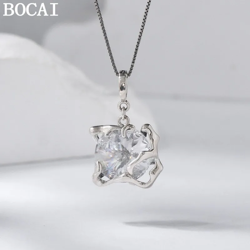 

BOCAI New S925 Sterling Silver Jewelry Fashionable And Simple Inlaid With Zircon Geometry Block Pendant Women's Selected Gi