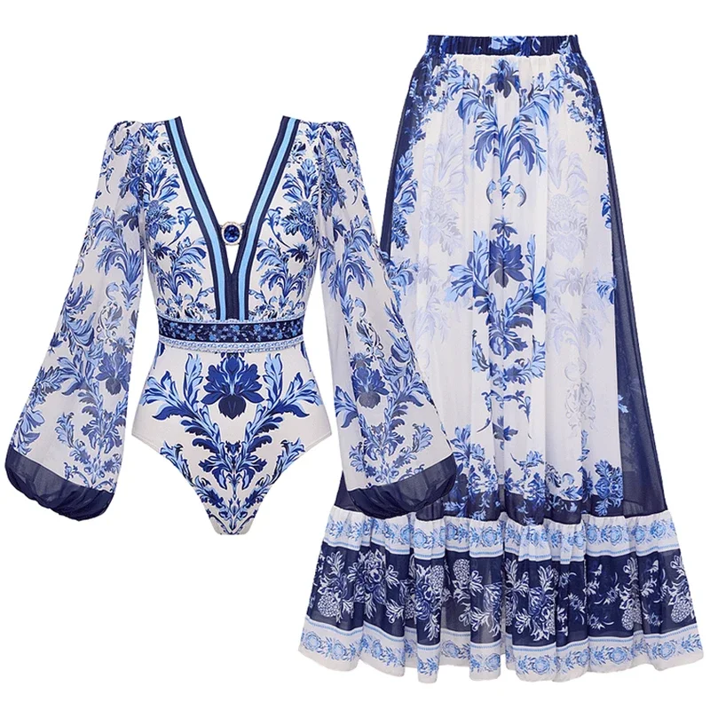 2025 Flaxmaker Swimsuit And Skirts Summer Long Sleeve Flower Block Print One Piece Swimsuit Sets V Neck Bathingsuit