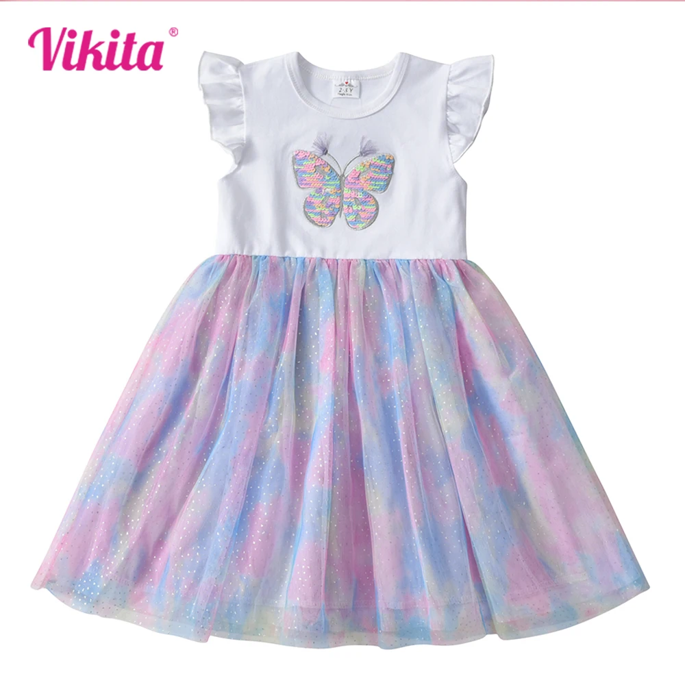 VIKITA Girls Summer Casual Dresses Toddlers Butterfly Sequins Flare Sleeveless Patchwork Princess Dress Girl Party Dresses 3-8 Y