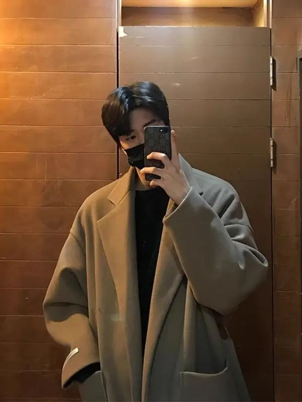 

Korean Sle Versatile Mid-Length Men's Autumn Winter Thiened Woolen Coat Loose Fit Faionable Over-Knee Briti Sle Win...