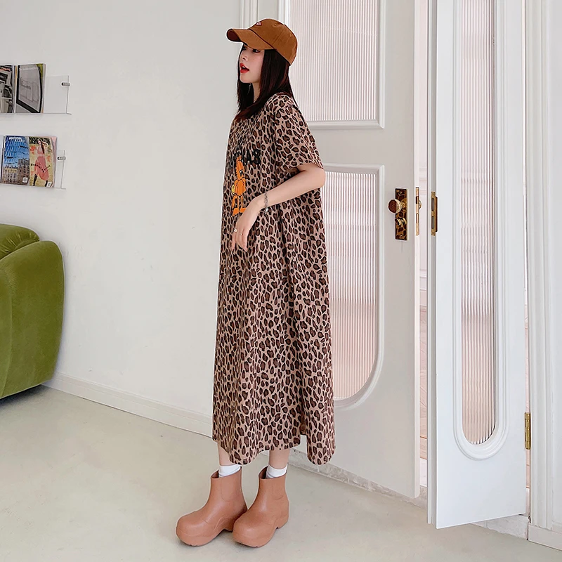 2023 Spring Summer Loose Plus Size Women's Dress Print Leopard Short Sleeve Lady Casual T-Shirts Female Robe Vestidos KE3284