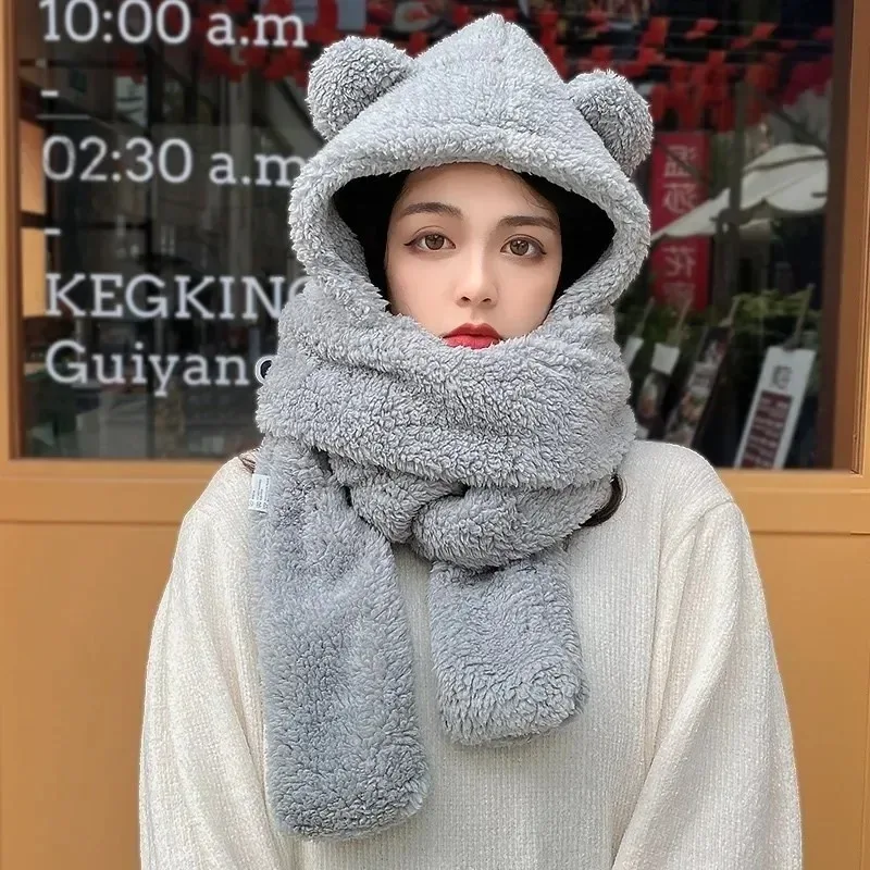 Cute Bear Ear Winter Hat Scarf Gloves Set Women Plush Hooded Thick Warm Windproof 3 in 1 Outdoor Cold Weather Accessory view 4