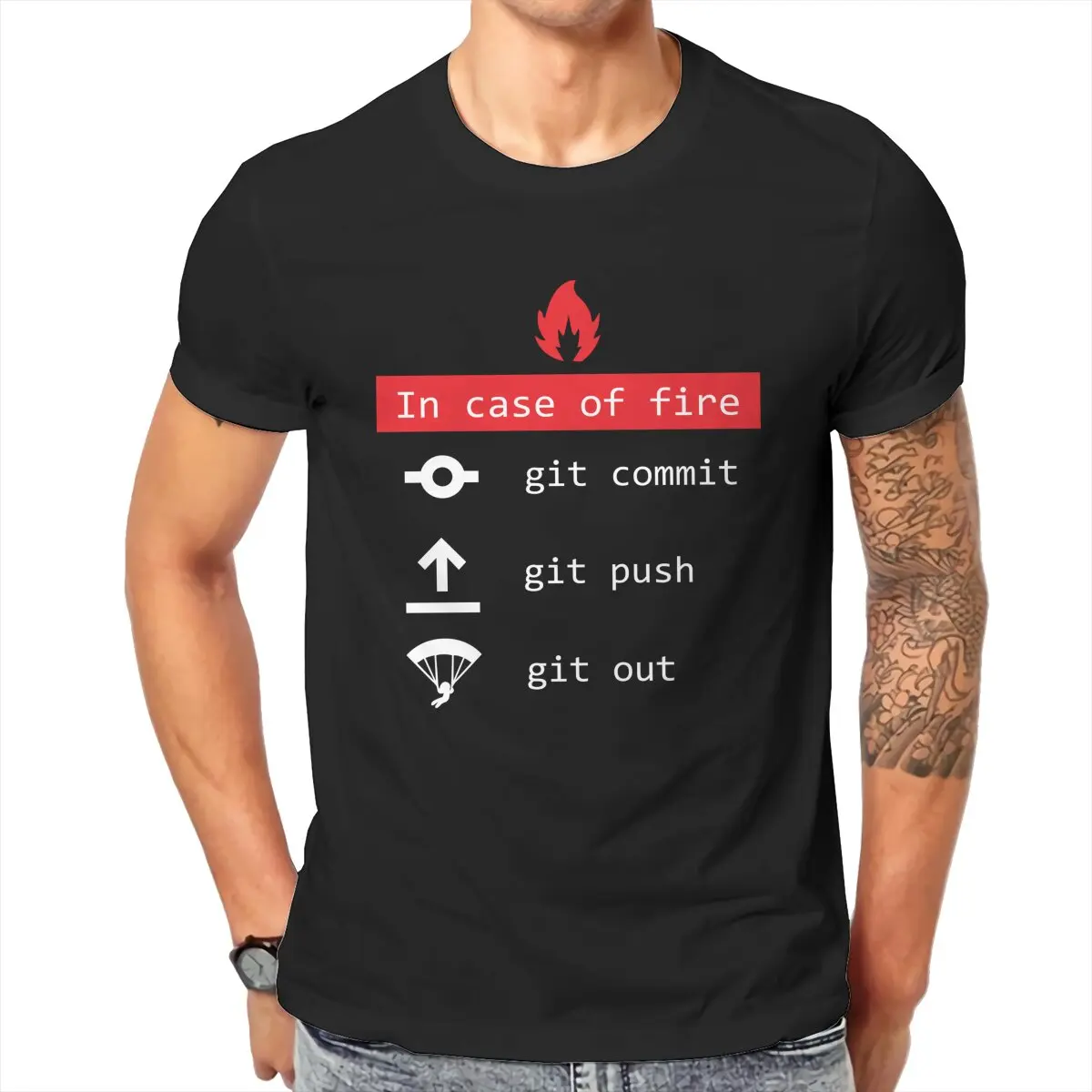 In Case Of Fire git commit push Funny coder programmer devops network sysadmin geek T-Shirt for Men 100% Cotton Printed Clothing