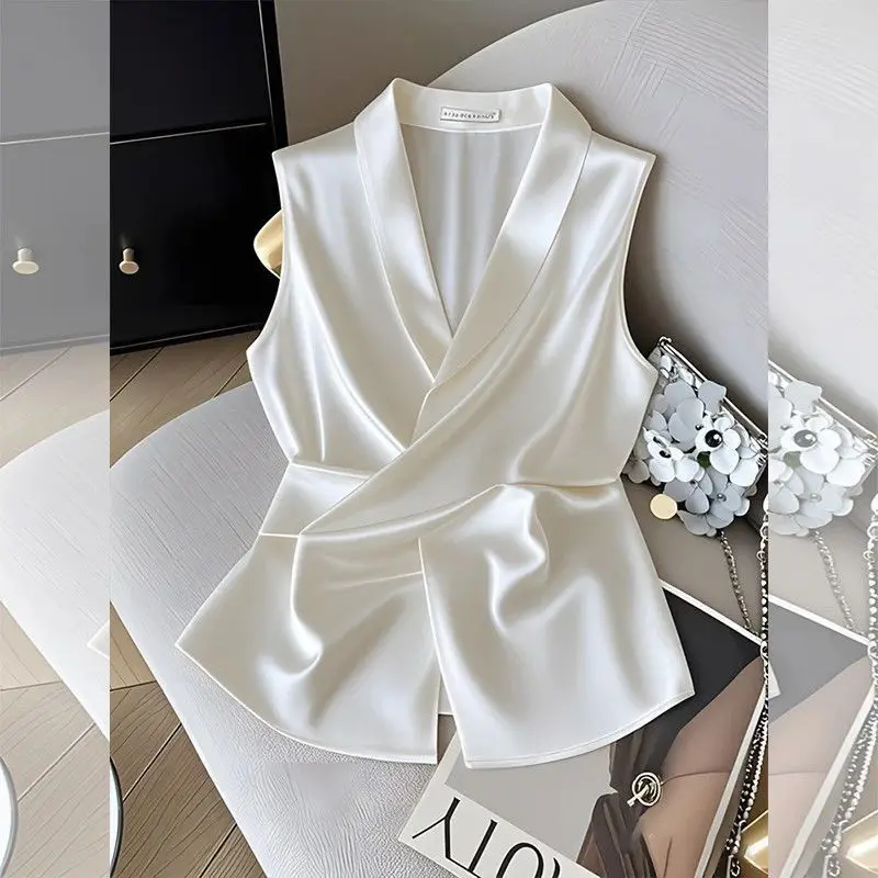 

Women Summer Simplicity Office Lady V-neck Solid Color Sleeveless Shirts Ladies Elegant Temperament All-match Appear Thin Tops