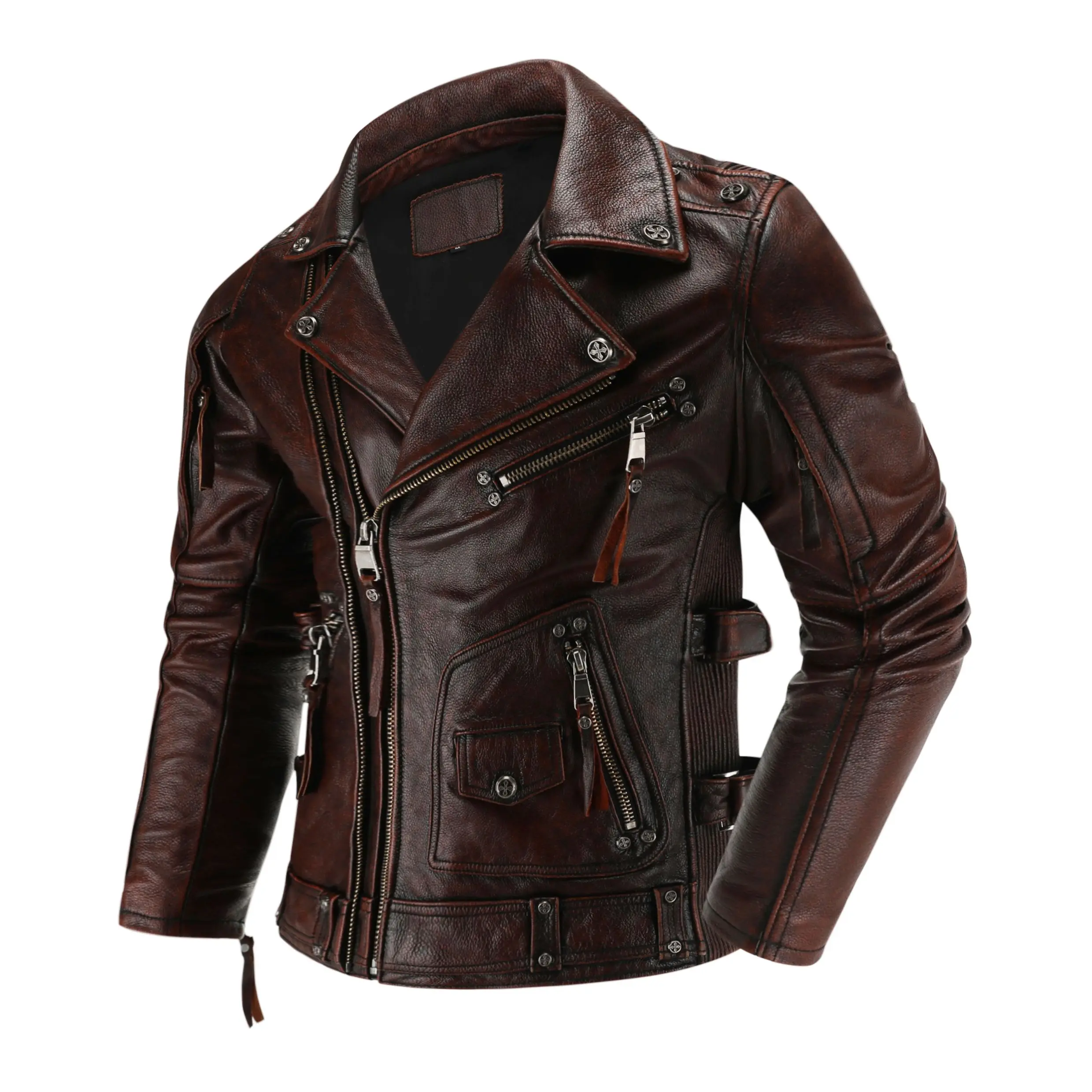 

Top Layer Cowhide Genuine Leather Jacket Men's Graphite Distressed Multi Zipper High Quality Lapel Motorcycle Leather Jacket