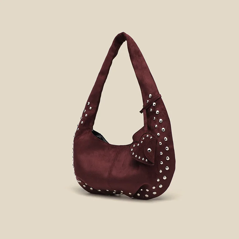 

2025 New Rivet Retro Half Moon Shoulder Underarm Bag Imitation Suede Heart Shape Decoration Luxury Designer Handbag Women's Bag