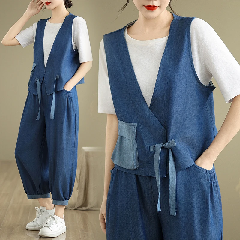 

2025 Spring Women Two-piece Set Large Size Denim Pant Sets Loose V-neck Vest Top Denim Cropped Pants Fashion Female Clothing
