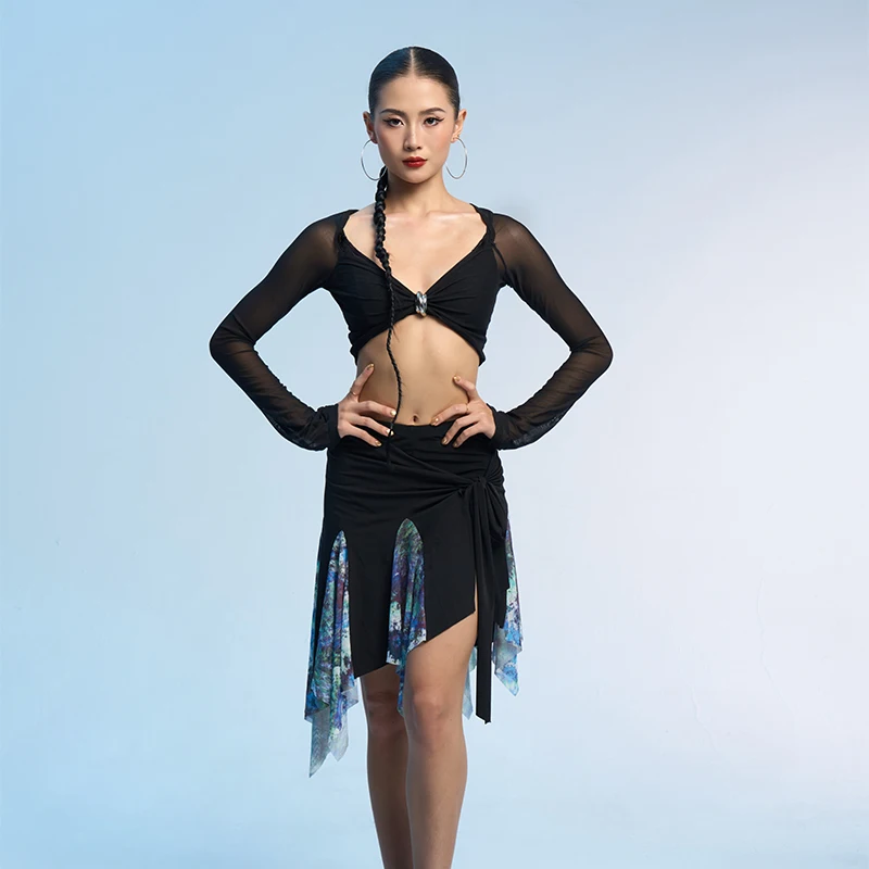 

2025 Latin Dance Skirts For Women Sexy Mesh Sleeved Tops Irregular Skirts Practice Suit Samba Chacha Adult Latin Wear DQS20905