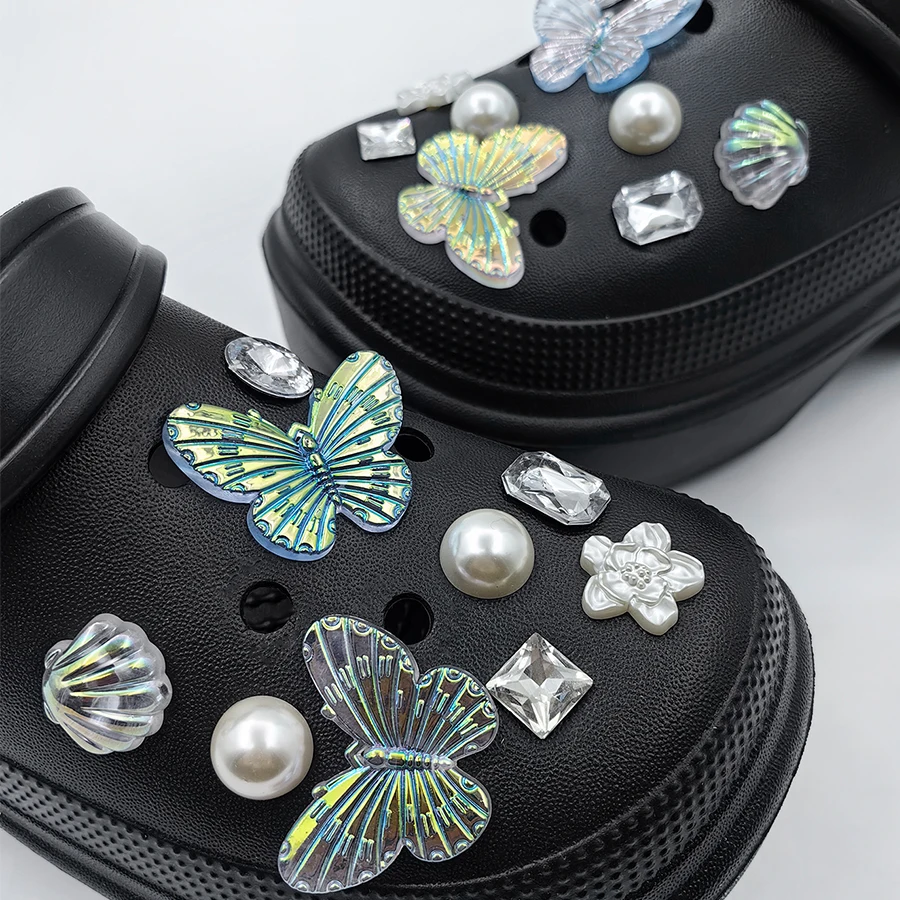 

18 pcs Butterfly Flower Faux Pearl Diamond Detachable Charms Pins Shoes Decoration Suitable For Clogs Sandals Party Gift