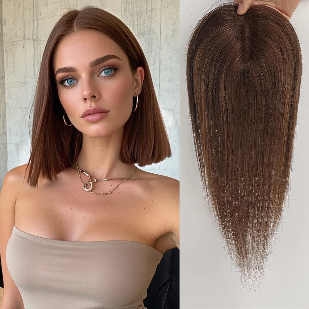 

100% человеческие волосы, темно-коричневые шиньоны, средняя часть, женский топпер для волос с кружевной основой, зажим для наращивания волос, натуральный