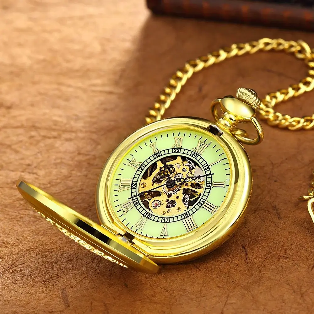 New Retro Luminous Hand Wind Mechanical Pocket Watch FOB Chain Pendent Hollow Flip Cover Steampunk Skeleton Men Women Clock