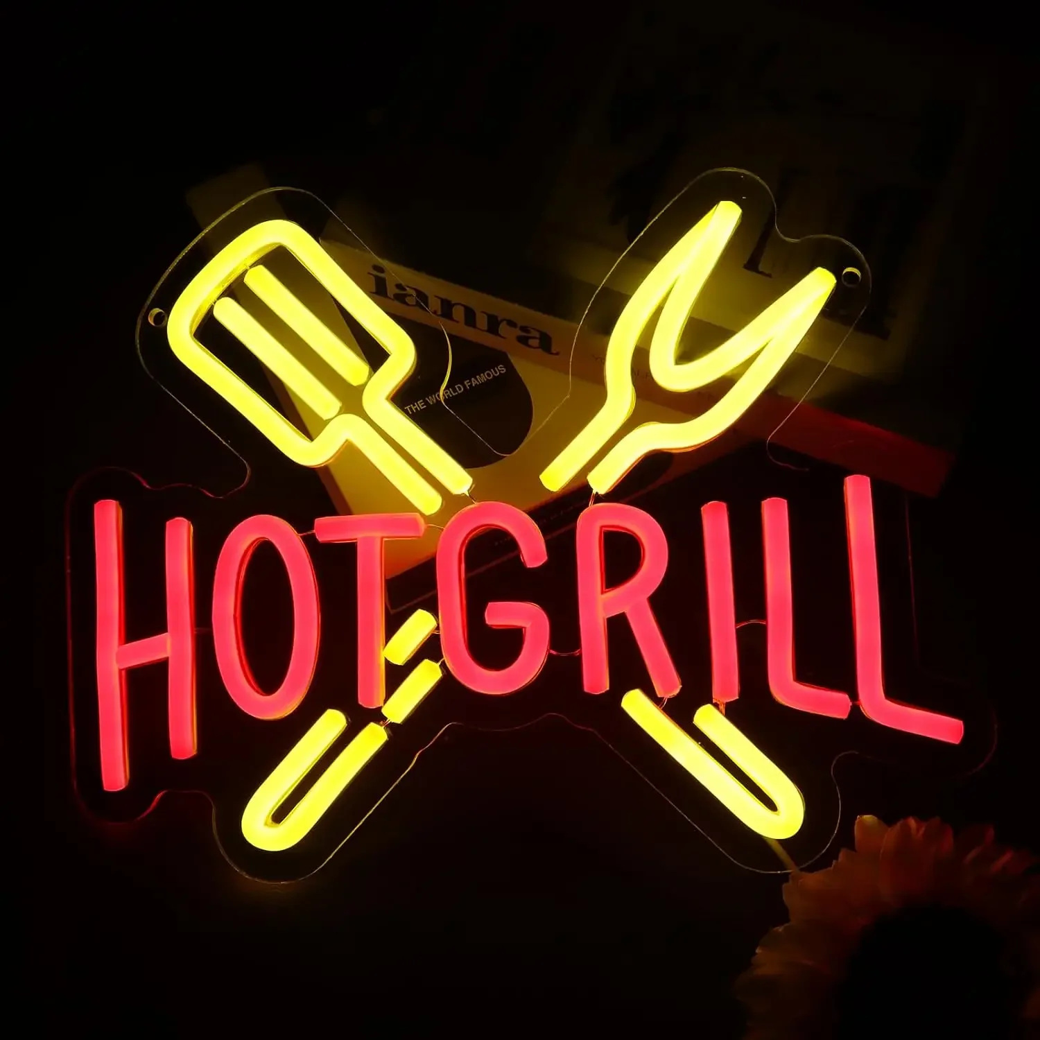 Hot Grill Neon Sign LED Wall Art Red Yellow Crossed Spatula Fork USB Powered Dimmable Acrylic Glow Outdoor BBQ Kitchen Decor