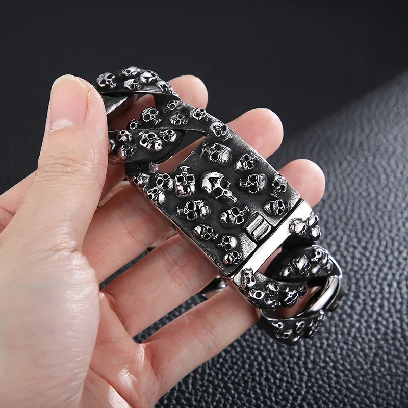 32mm 8.66'' Biker Gothic Skull Link Cuban Bracelet Stainless Steel Cool Men Bangle 308g  Jewelry For Father Gifts