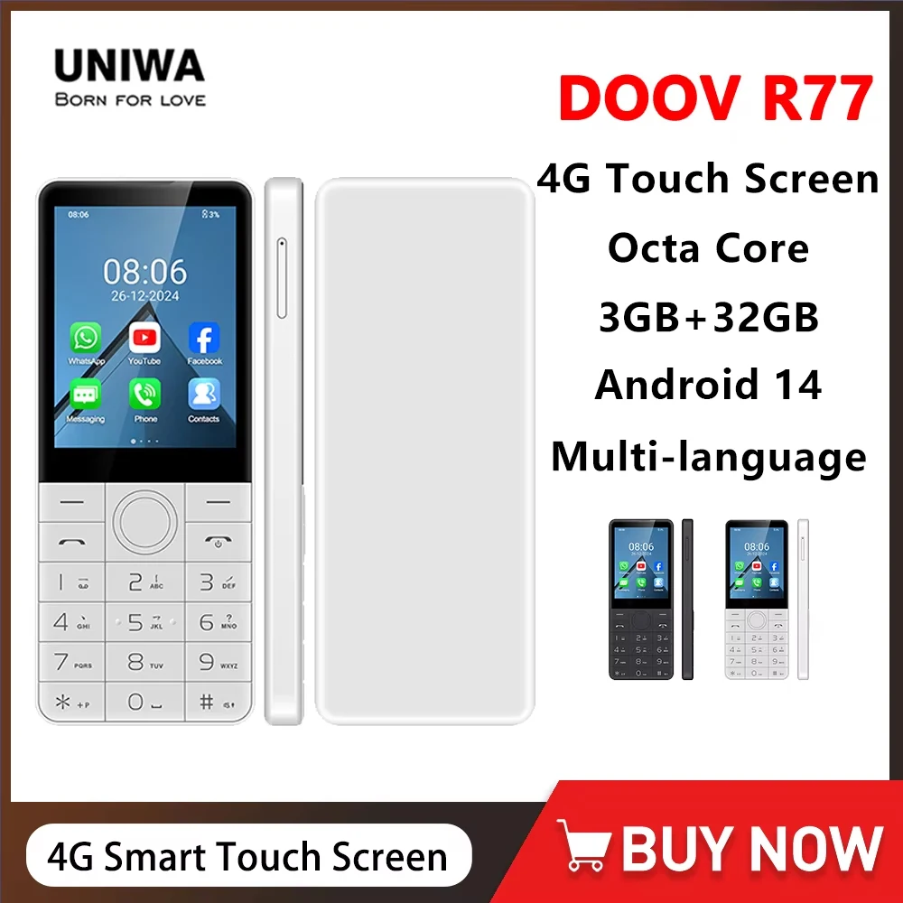 DOOV R77 4G Smart Touch Screen Keypad Mobile Phone without Camera 2.8 Inch 3GB+32GB 2100mAh Android 14 Whatsapp Hebrew keyboard