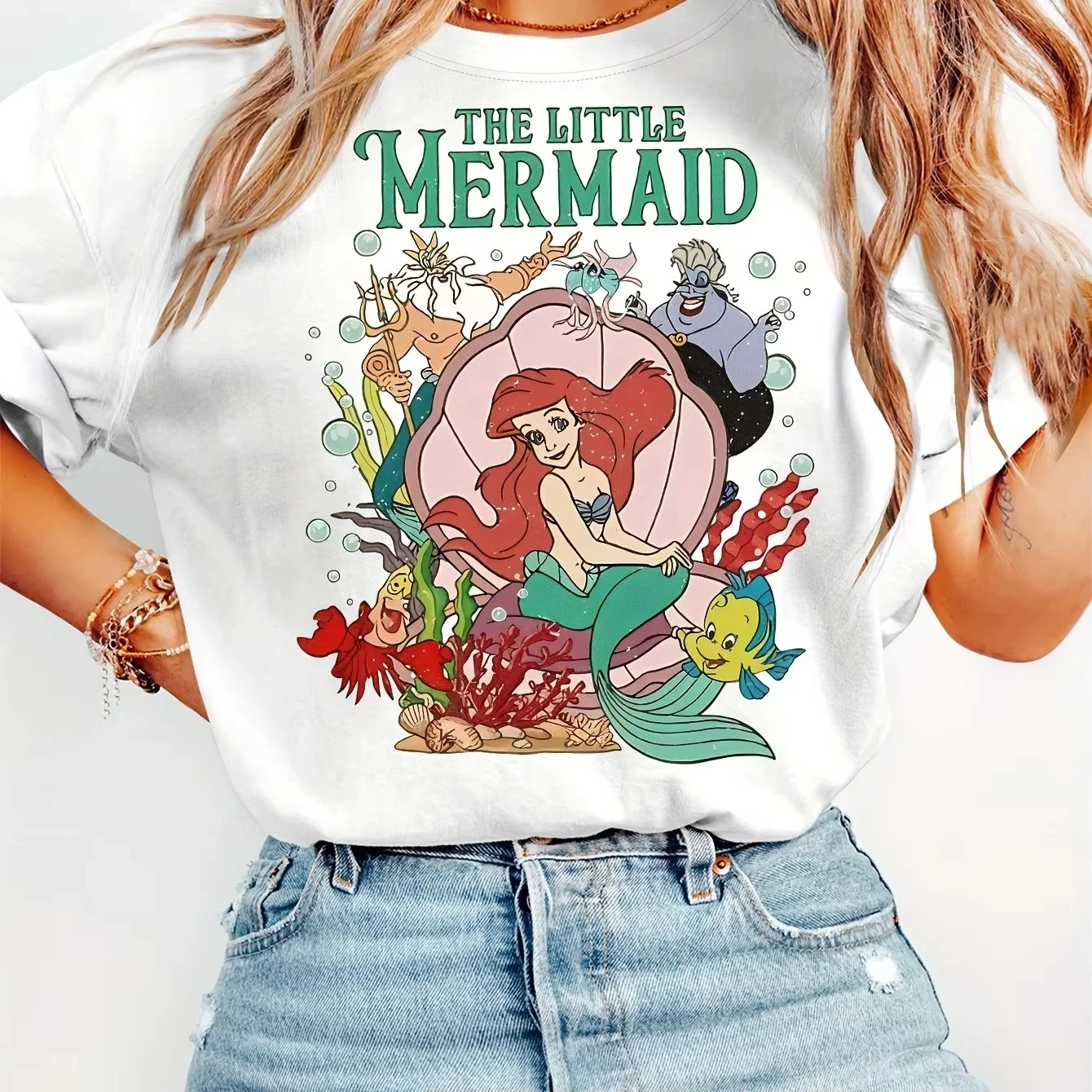 

Новейшая популярная футболка унисекс из хлопка с коротким рукавом и принтом «Русалка-принцесса» от Disney