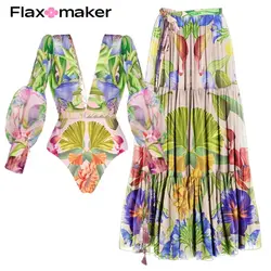 FLAXMAKER Printed One Piece Swimsuit and Skirt Swimwear and Cover up Bikini set Clearance Flaxmaker Wholesale