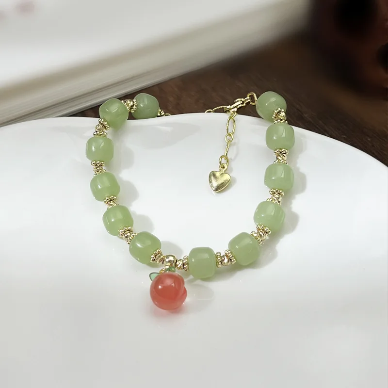 Natural Hetian Jade Peach Pendant Exquisite Bracelet Female Niche Design Bracelet Beads Sweet Cute Girlfriend Hand Jewelry Gift