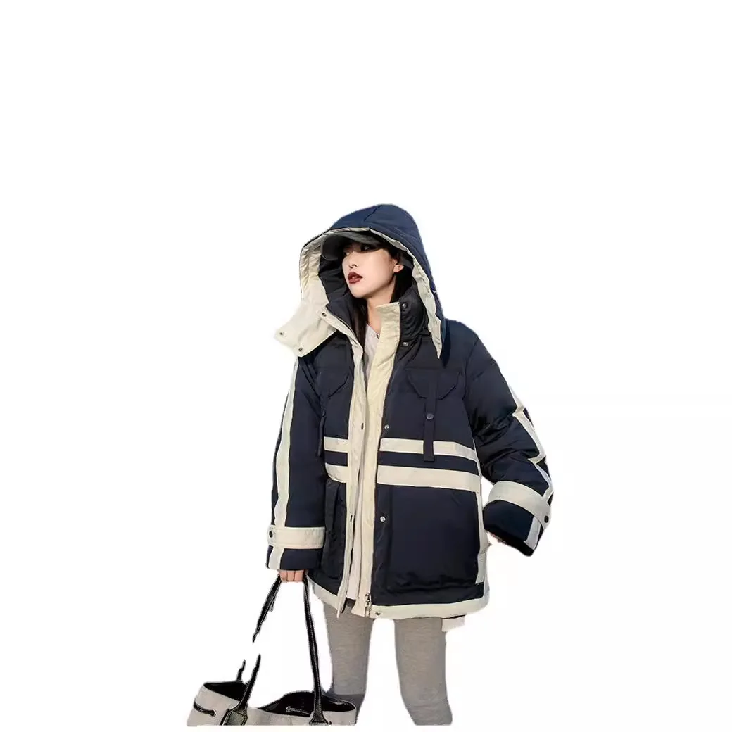 冬のパッチワークダックダウンコート女性韓国スタイルフード付きカーゴポケットダックダウンパファージャケットдвусторонняя куртка JK-207