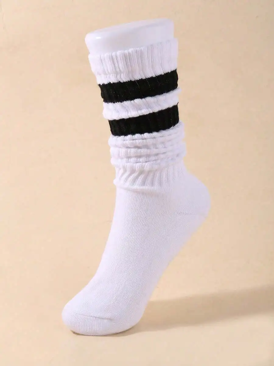 

Womens Striped Loose Knit Slouch Socks Mid-Calf Soft Comfortable Warm Breathable White Black Gray