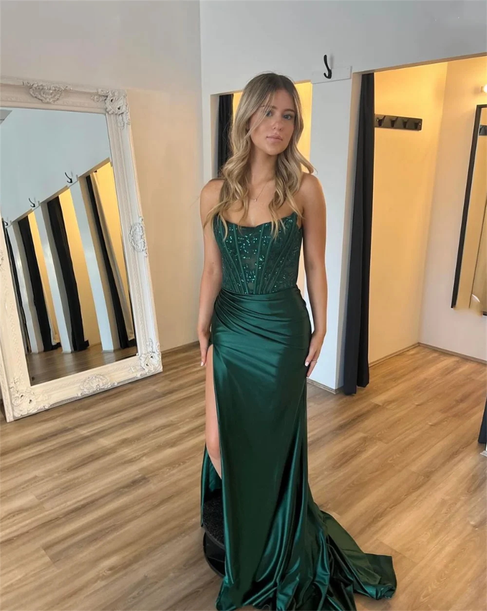 Jessica-Robe de mariée en dentelle verte, robes de Rhbrodées à paillettes, sirène sexy à épaules dénudées, robe formelle élégante, robe éducative