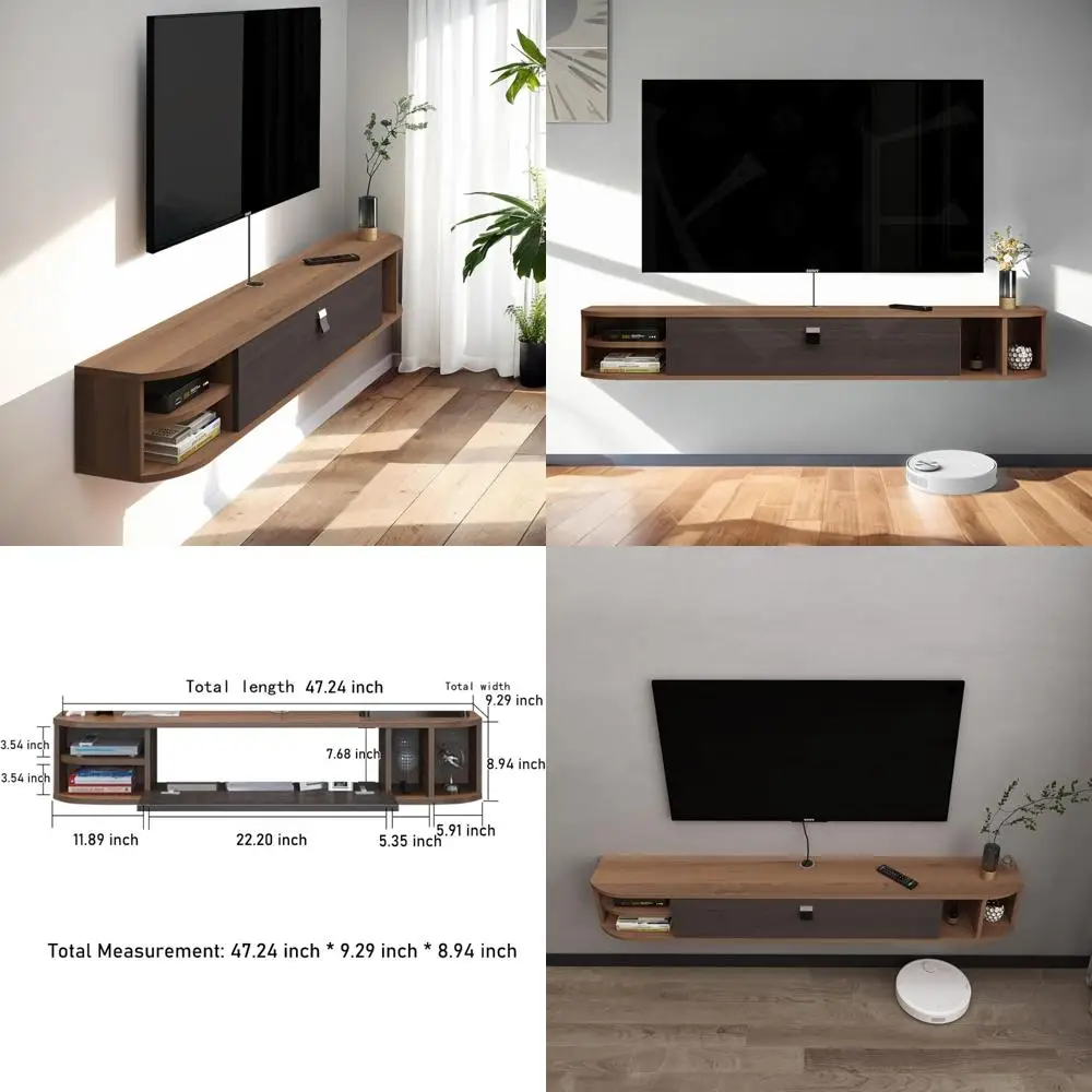 

Walnut 47-Inch Modern TV Stand with Wall Mount and Storage Shelves for Home Living Spaces