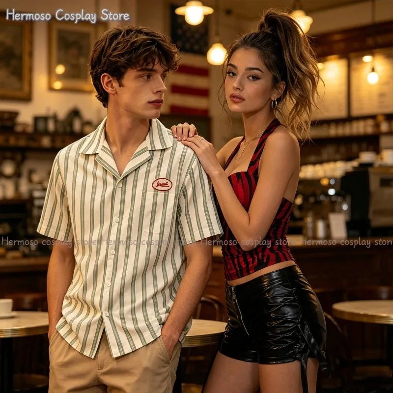 Camisola de hombre roja y negra a rayas, top halter sexy con espalda descubierta, sin mangas, cintura ceñida, atuendo vintage de verano para cosplay.