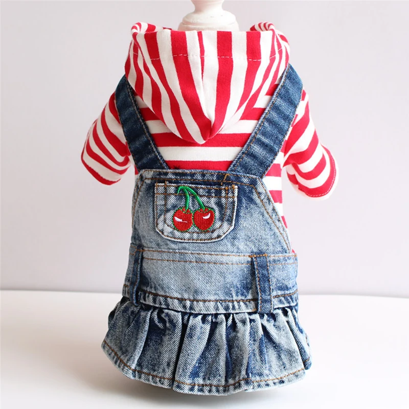 Dog Jean Dress Pet Denim Hoodies Clothes Cute Cherry Embroidery Ruffles Design Striped Shirt Skirts for Small Medium Dogs