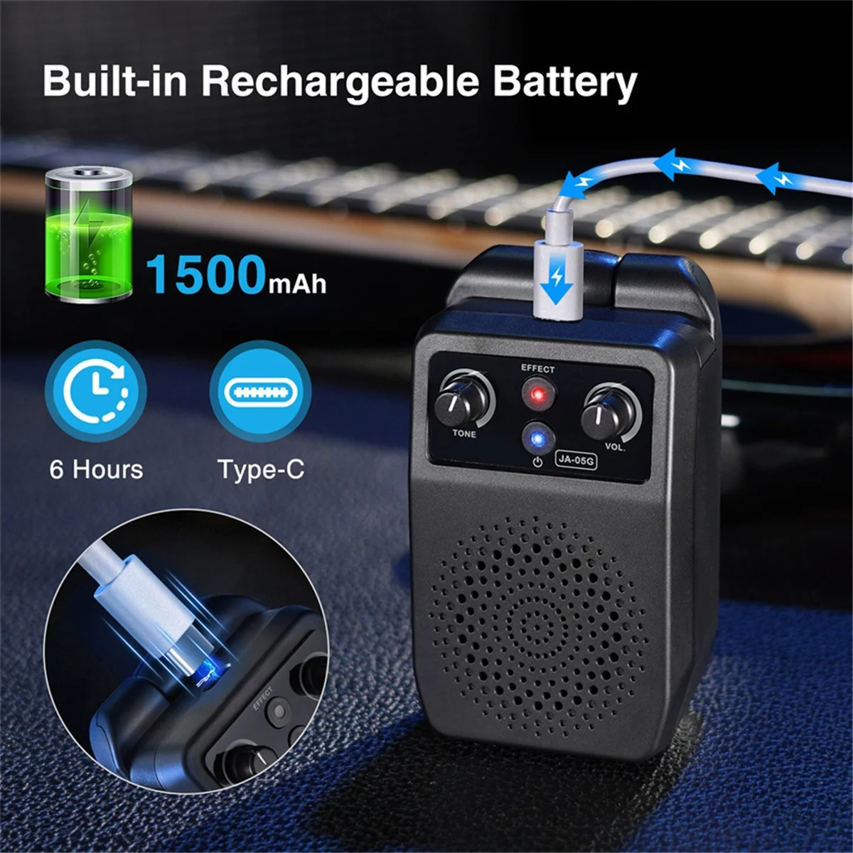 Mini Electric Guitar Amp 5W Portable Guitar Amp Bluetooth Built-in 4 Effects Rechargeable Small Guitar Amp for Practice ABVD