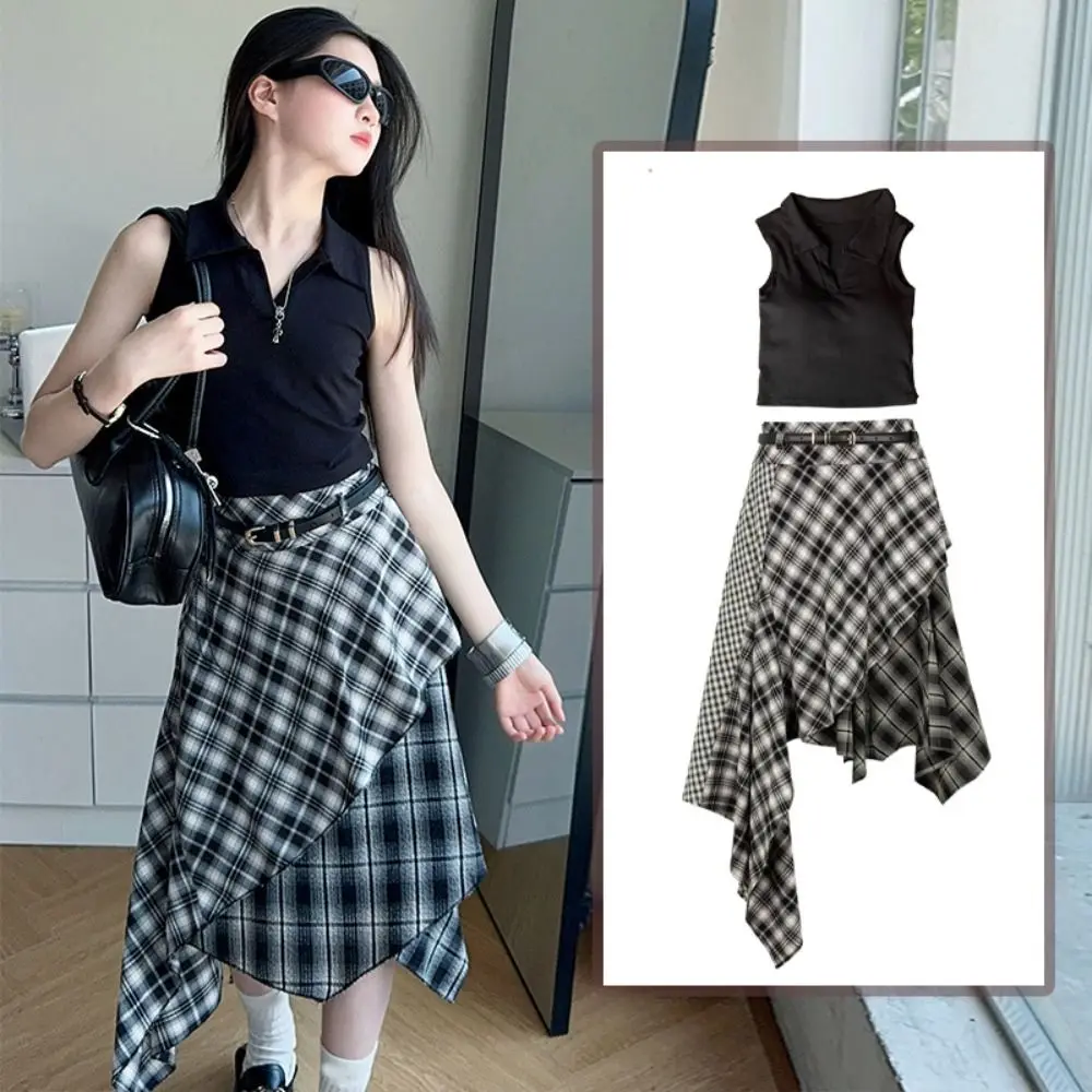 

Cool Plaid Pleated Girls Clothes Set Short Sleeve Irregular Kids Midi Skirt Set Teens y2k Outfits Children Shorts Suit Students