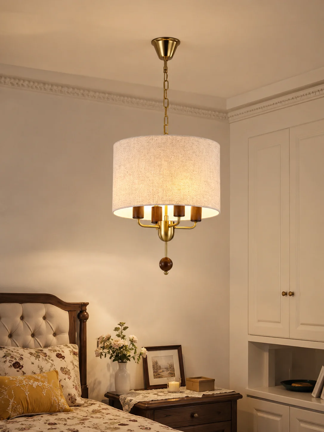 Ash Wood Fabric Pendant Light Brass Metal 4‑E14 Adjustable Hanging Lamp 3‑Color Temp for Living Room Bedroom