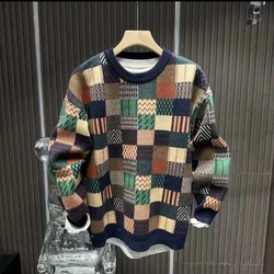Autumn Winter New Fashion Round Neck Long Sleeve Plaid Men's Clothing Hoodies Printing Patchwork Pullovers Korean Trend Chic Top
