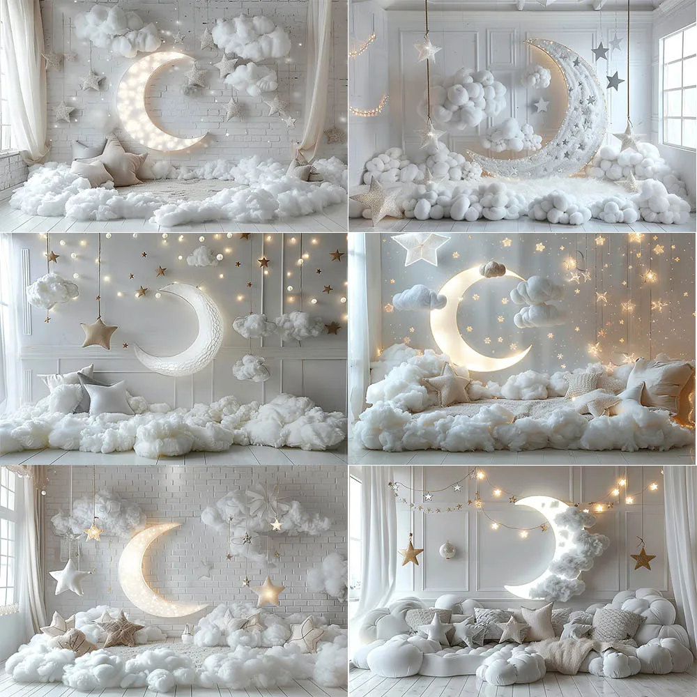 

White Moon Photography Background Shining Star Bedroom Portrait Studio Kid Birthday Wedding Pregnant Portrait Photocall Backdrop