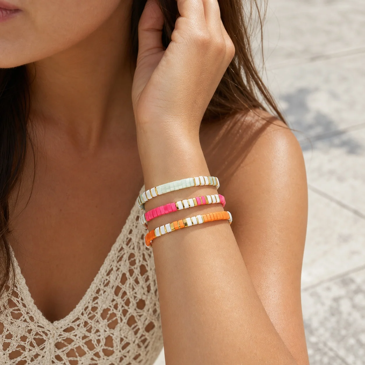 3pcs Stackable Colorful Glass Beaded Bracelet with Copper Accents for Women Geometric Tile Bead Trendy Beach Style
