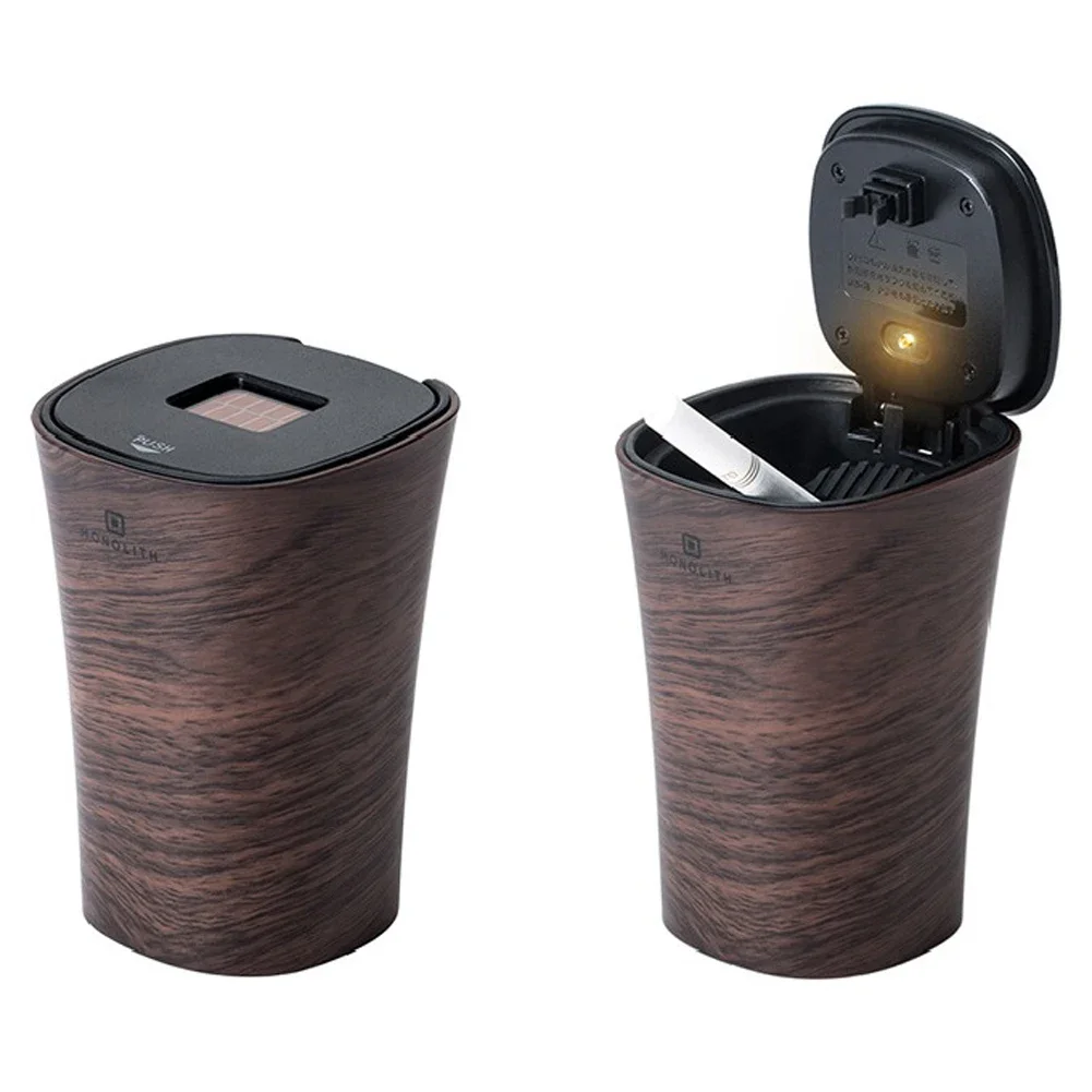 A high classic wood grain pattern men's car ashtray suitable for car home office, with solar LED lights and a one click simple a