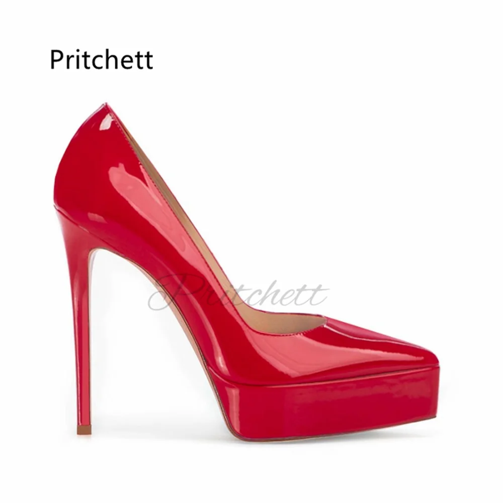 Pointed Toe Stiletto Platform Pumps for Women Black Red Patent Leather Hallow High Heels Single Shoes Women's Banquet Shoes
