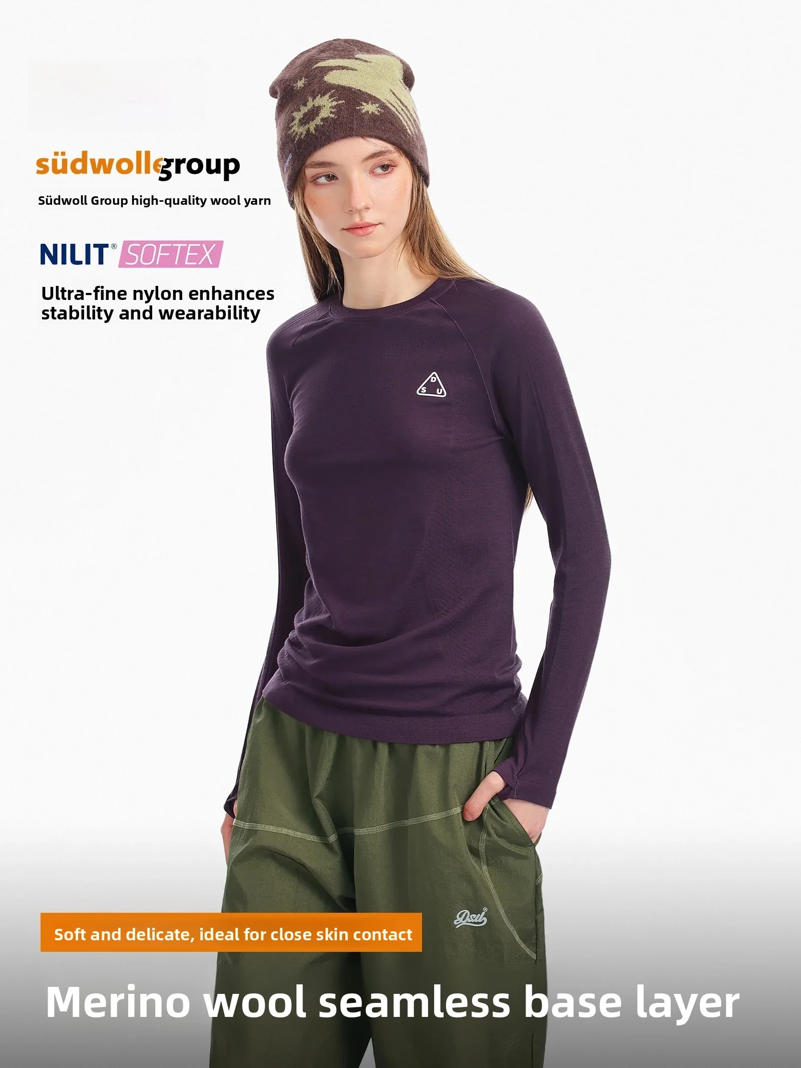 DSU Merino Wool Long Sleeve T-Shirt Women's Autumn Winter Seamless One-Piece Knitted Slim Fit Sport Quick Dry Machine Washable