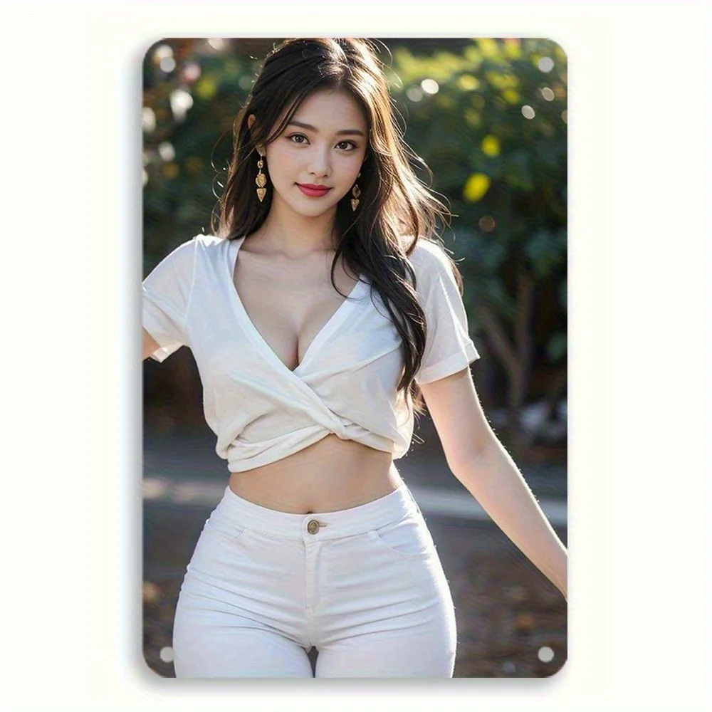 High Definition Metal Tin Sign Beautiful Long Wavy Dark Brown Hair Young Asian Female White Twisted V-neck Crop Top White Hig