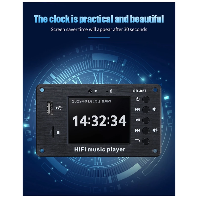 AA58 2.8-Inch Color Screen Bluetooth 5.1 Car Synchronization Lossless Decoding Board Time Alarm Clock Fm Audio Decoder