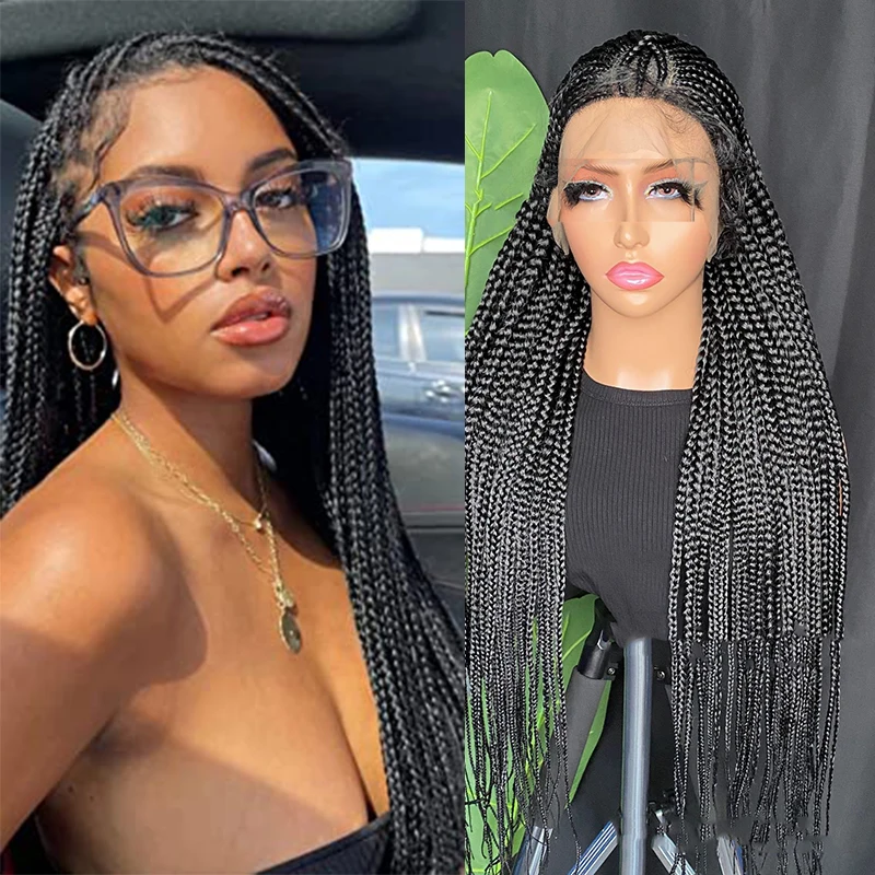 

Ponytail 34 inch Long Braid Transparent Lace Wigs Hand Braided Box Braid Full Lace Wig For Women With Baby Hair Natural Black