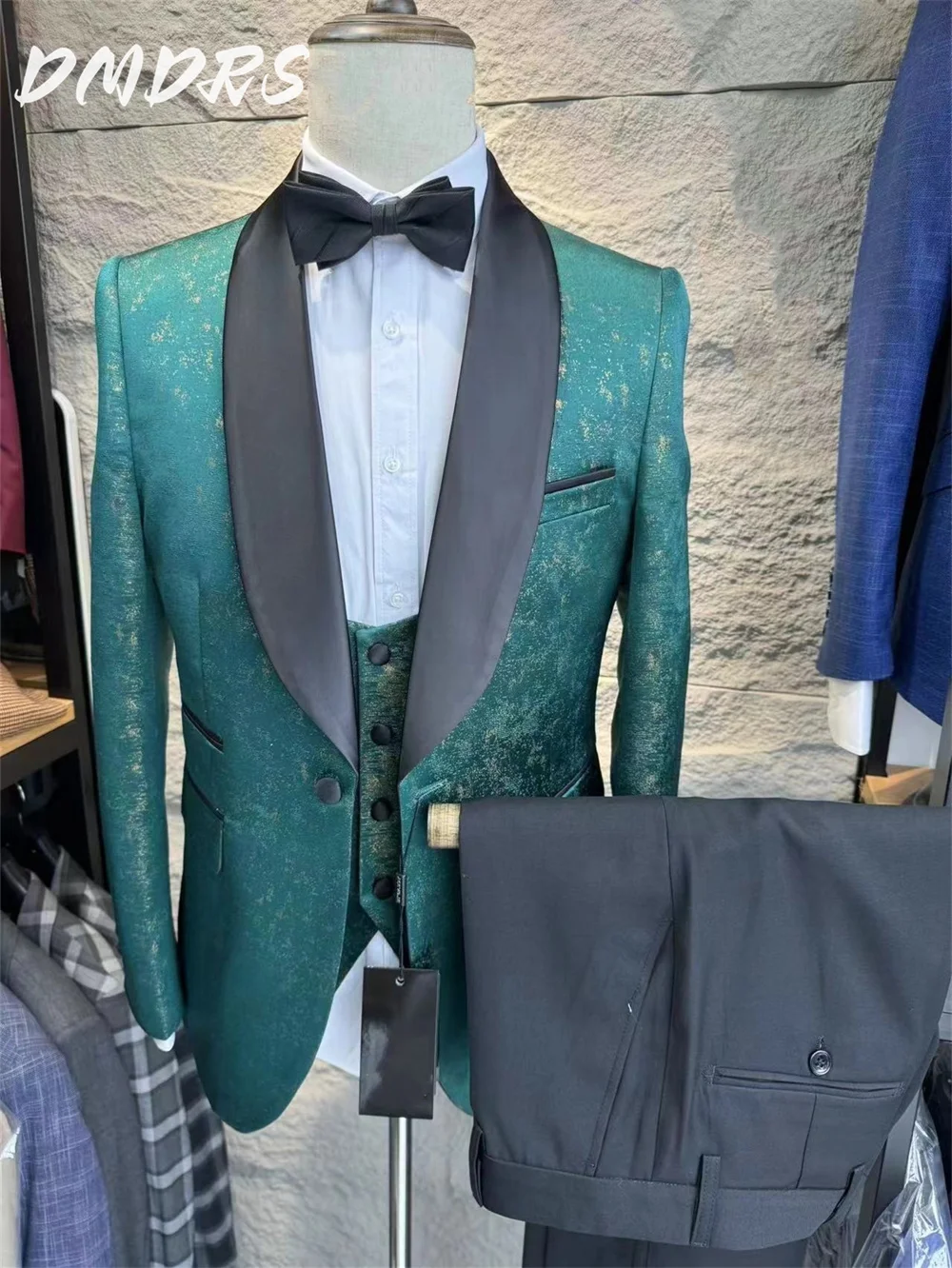 Classic Jacquard Men\'s Suit set For Wedding Dress Formal Single Breasted Jacket Vest Pants For Business Men Groomsmen