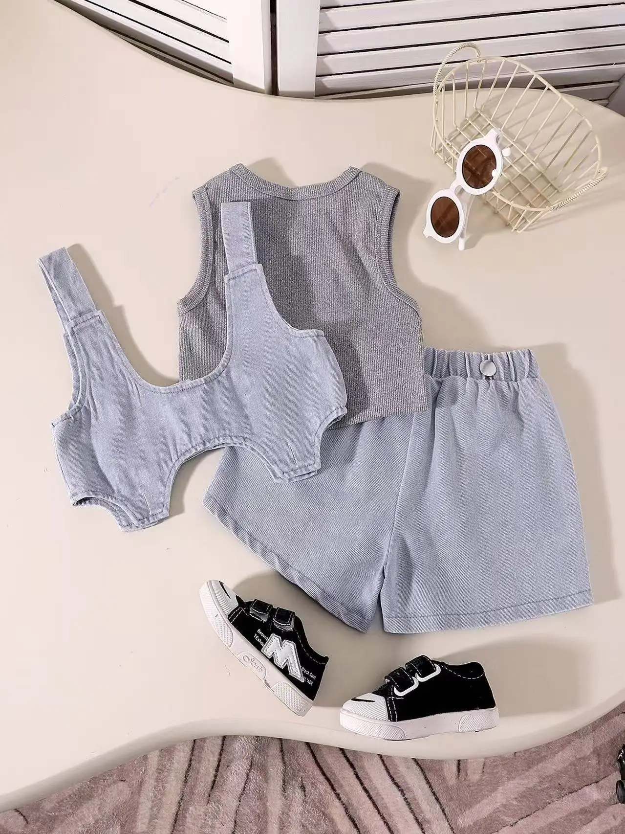 Fashion Kids Girls 3PCS Outfit, Sleeveless Ribbed Vest Top, Irregular Cami Vest & Denim Shorts Set for 4-7Y