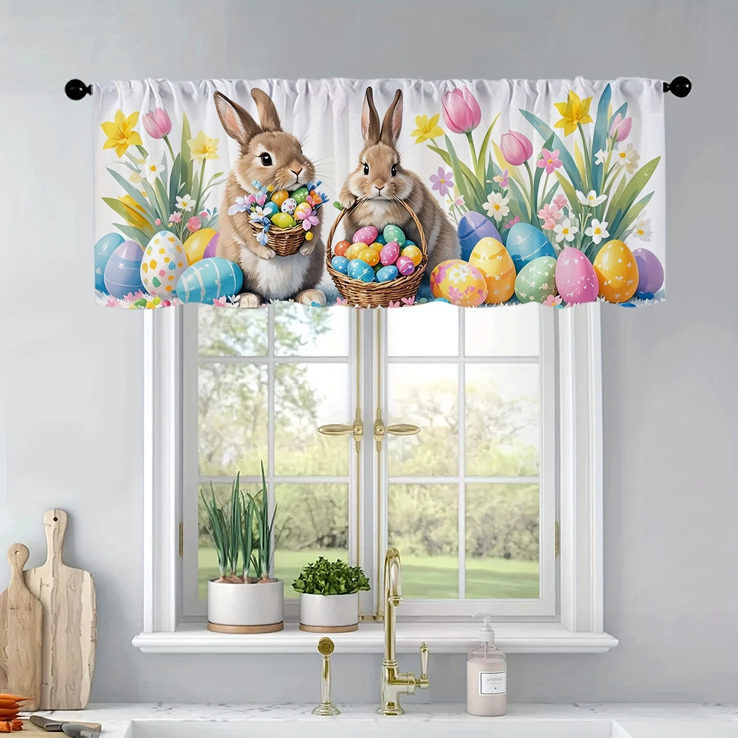 VIKAMA Easter Bunny Kitchen Window Curtain Rod Pockets Living Room Bedroom Semi-Transparent Curtains Home Party Decorations