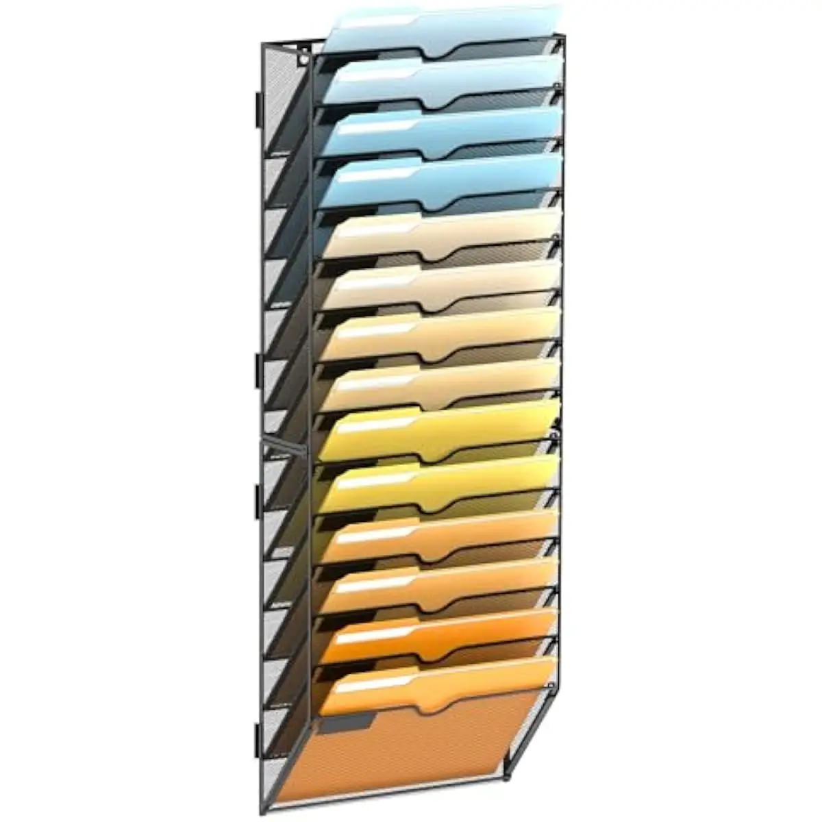 14-Level Vertical Wall File Holder with Label Slots • Sturdy Powder-Coated Metal Mesh Construction • Space-Saving Hanging Design