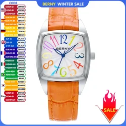 BERNY Women's Watches Elegant Casual S/S Leather Strap Square Quartz Woman Watch Ladies Colorful Numeral Easy Read Wristwatch