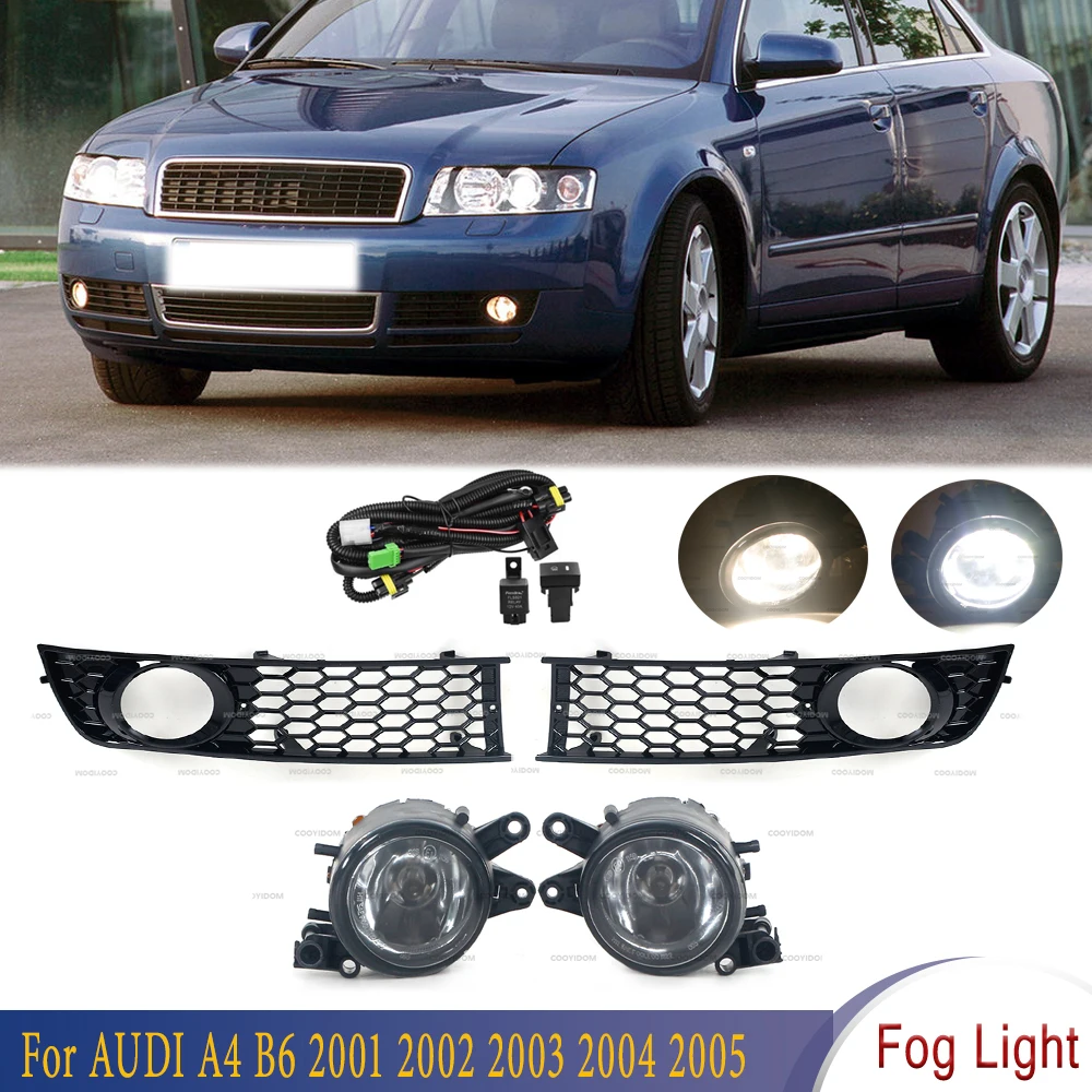 1Set For Audi A4 B6 2001-2005 LED Halogen Front Bumper Fog Light Foglamp Cover Grille With Cable 8E0941700 8E0941699 8E0807681