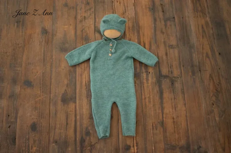 Baby boy girl sitter size teal color knitted bear bonnet+romper outfits infant photo props