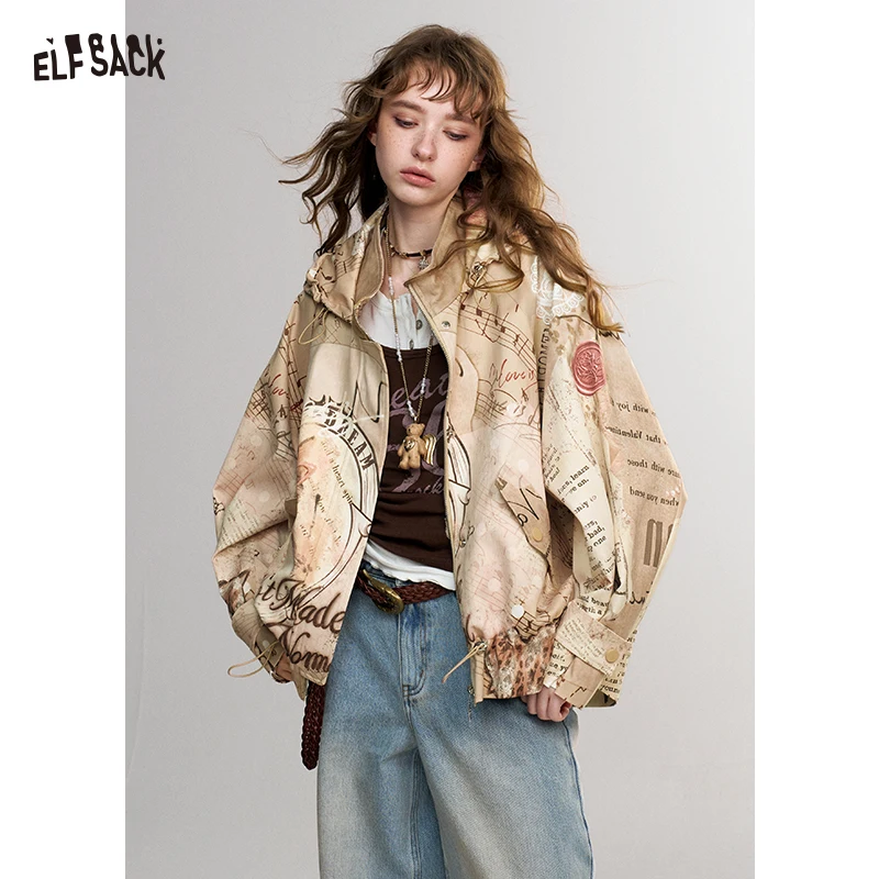 ELFSACK Women's Vintage Zip-Up Hooded Jacket with Cat Graphic Patchwork Print, Lantern Sleeve Short Outerwear for Daily Wear