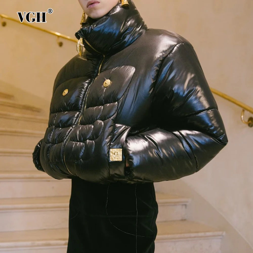 

VGH Black Spliced Metal Buckle Jackets for Women Stand Collar Long Sleeve Patchwork Zipper Loose Basics Down Coat Female Fashion
