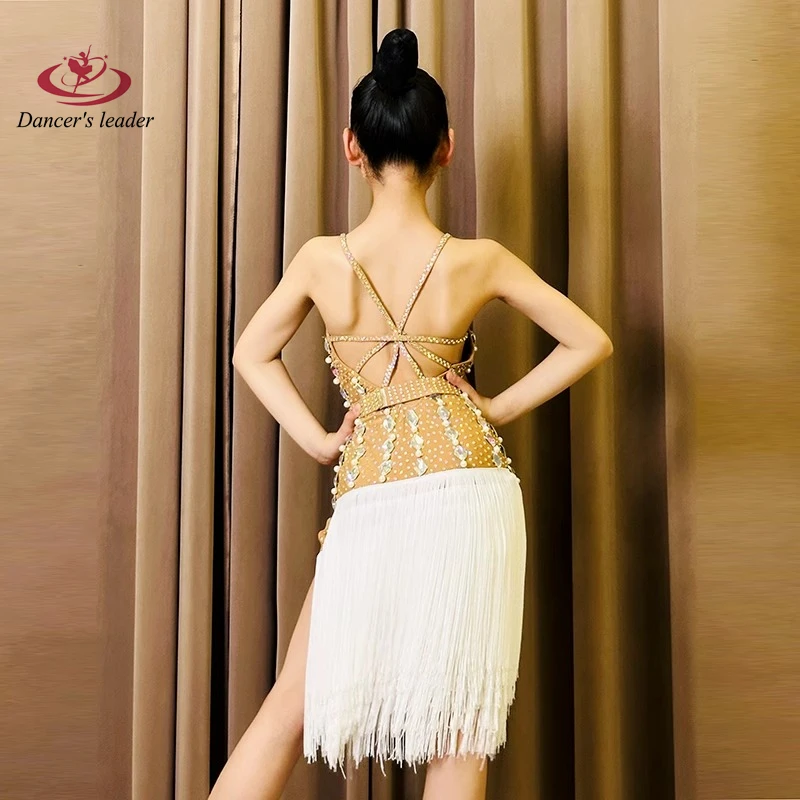 ラテンダンスダイヤモンド女性のプロフェッショナルフラワードレススプライシングタッセルスカートサンバ子供女の子パフォーマンスドレス